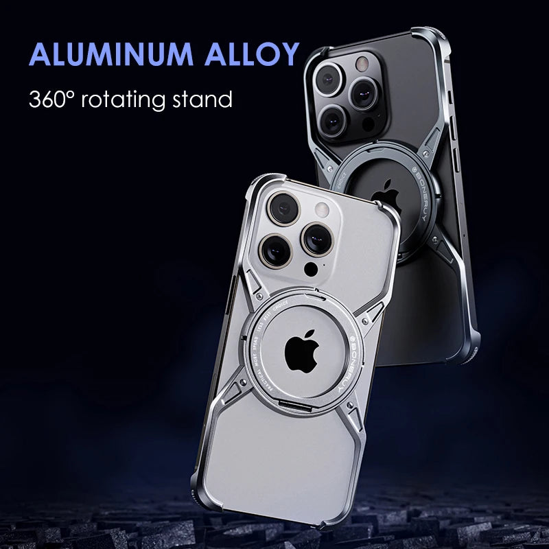 Aluminum Alloy Magnetic MagSafe Stand Phone Case For iPhone 14 13 15 16 Pro Max 16Pro Metal Hollow Rimless Bumper Cover Funda