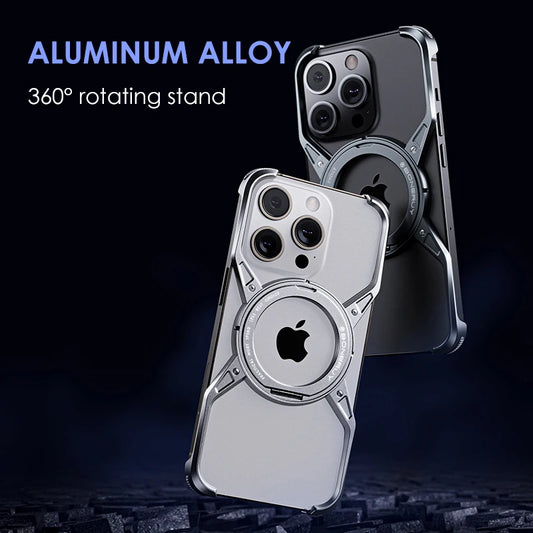 Aluminum Alloy Magnetic MagSafe Stand Phone Case For iPhone 14 13 15 16 Pro Max 16Pro Metal Hollow Rimless Bumper Cover Funda