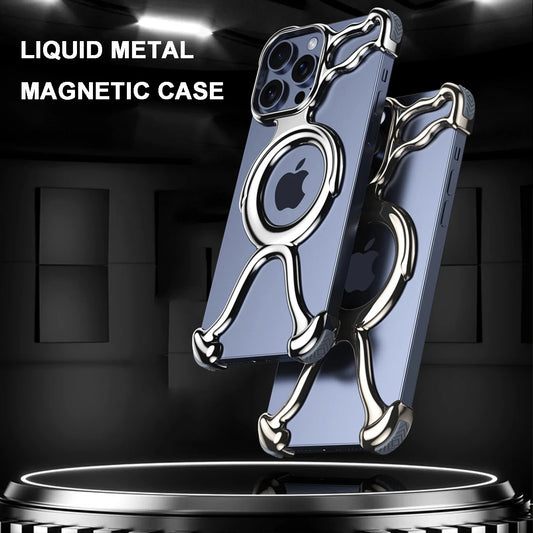 Magnetic Liquid Metal Phone Case For iPhone 13 14 15 Pro Max With AirBag Shockproof Bumper Irregular Metal Anti-fall Cover Funda